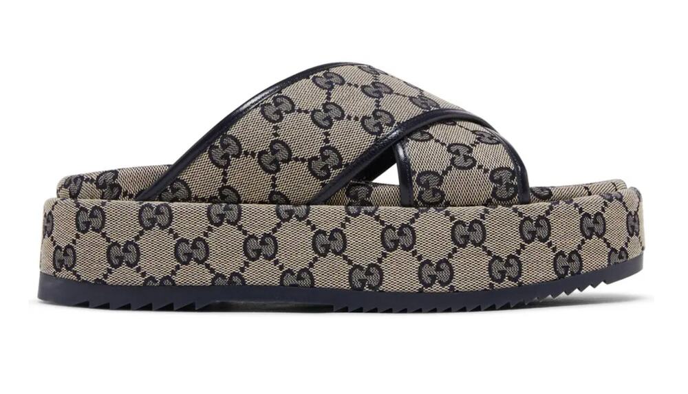 Gucci Beige Navy GG Canvas Slide Sandals EU 41 Women's Logo Flat Slides